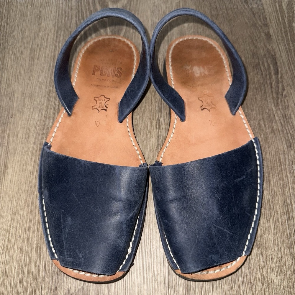 Pons Classic Style Avarca Sandals Navy Blue Women 10 Leather Strap Flats Menorca